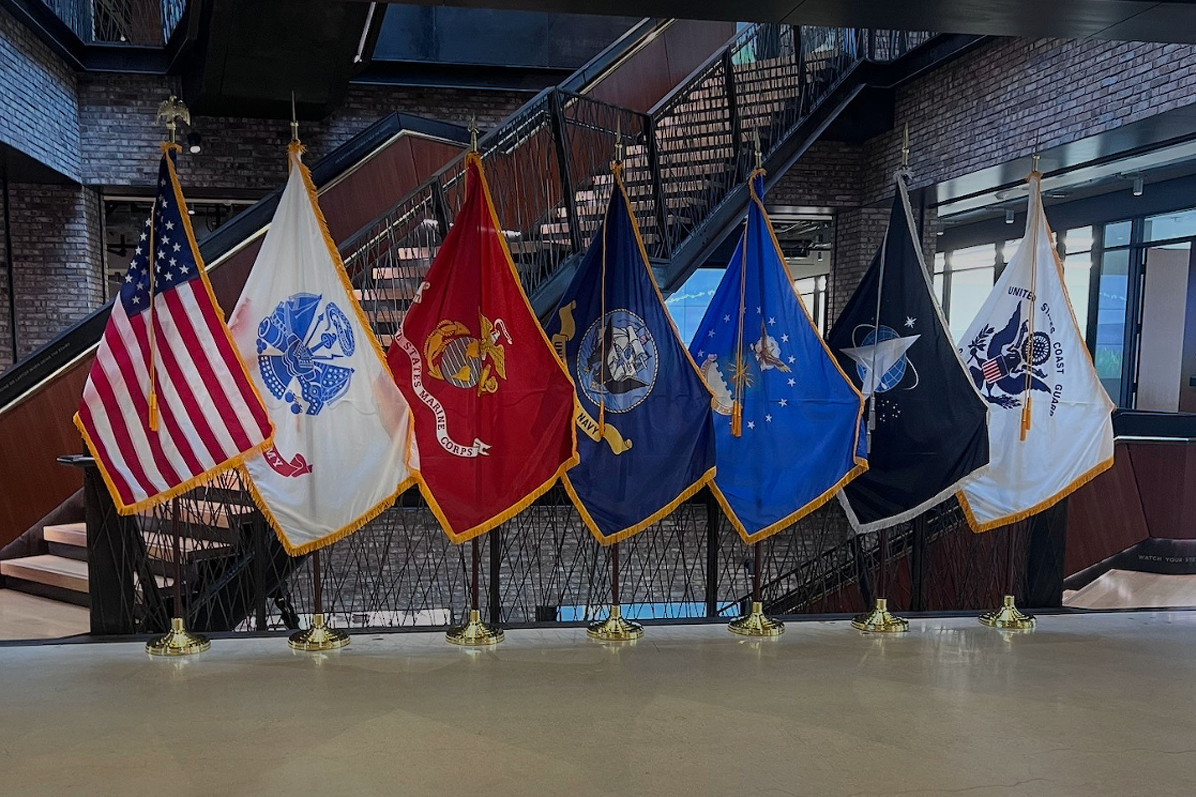 United States Military flags displayed inside Aramark's headquarters,