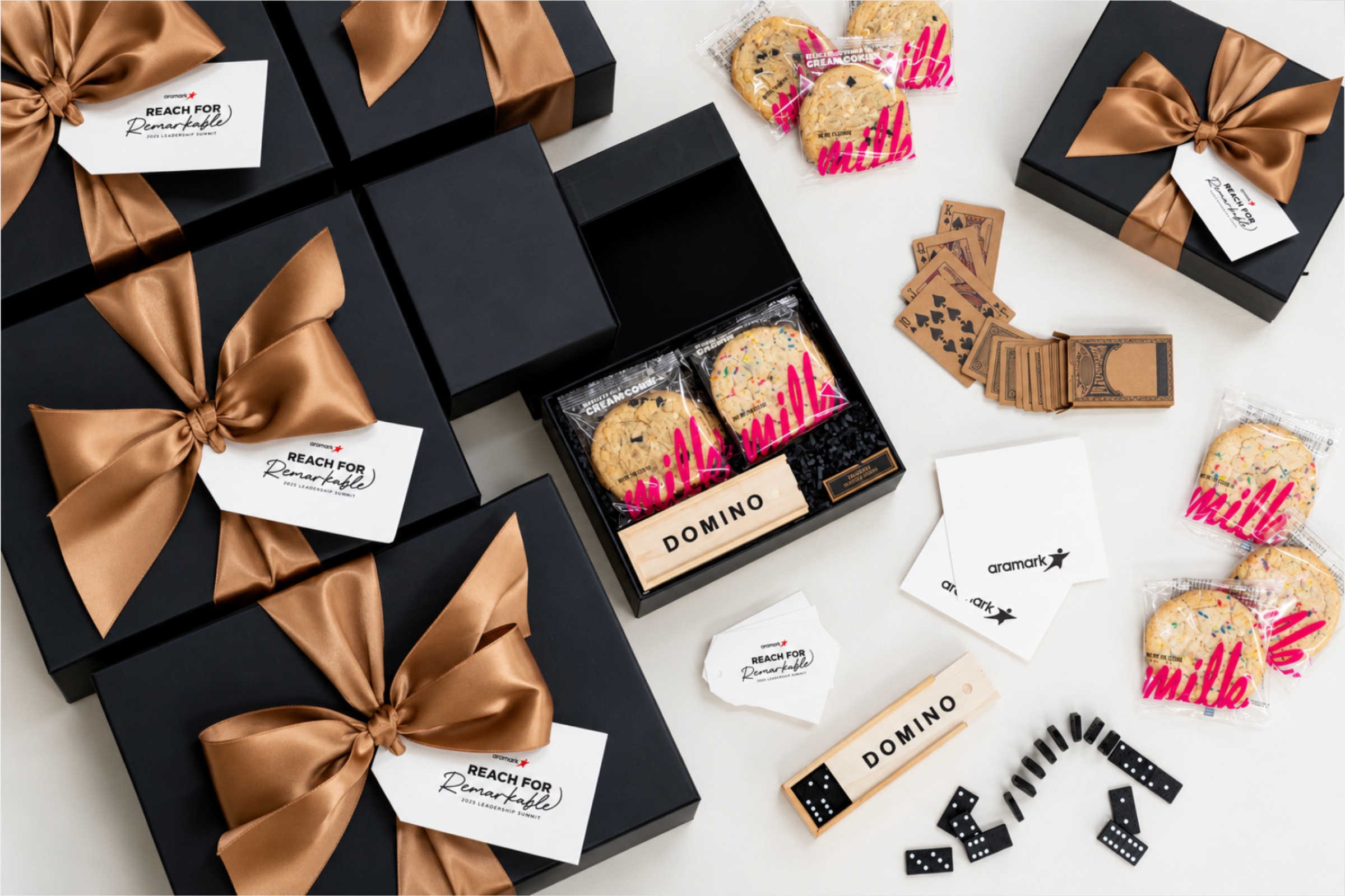Snacks and novelty items in gift-wrapped boxes.